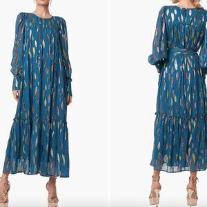 Eryn Metallic Print Tie Waist Long Sleeve Maxi Dress (size M)